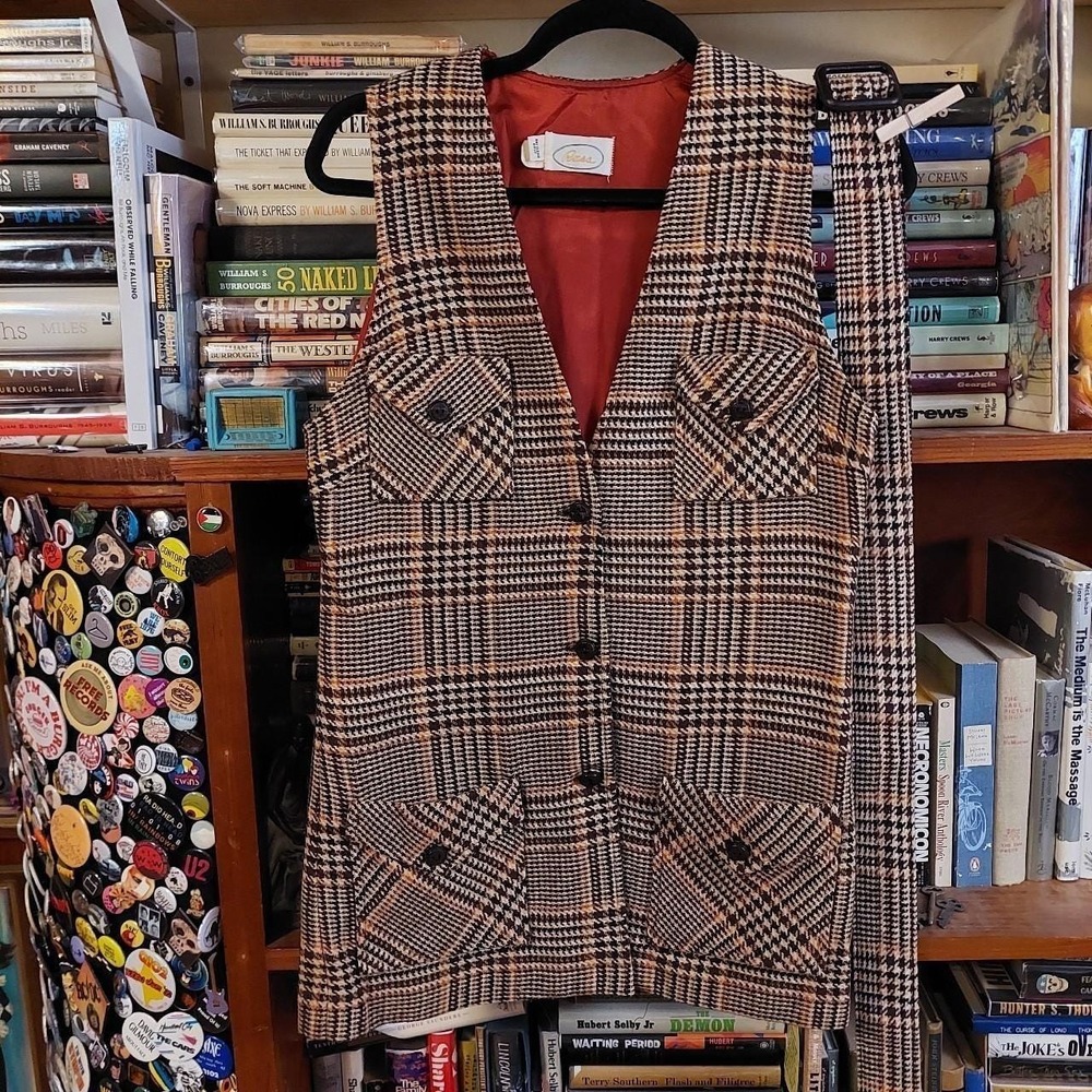 Vintage 70s Russ Plaid Long Vest with Belt Brown Black Tan Medium